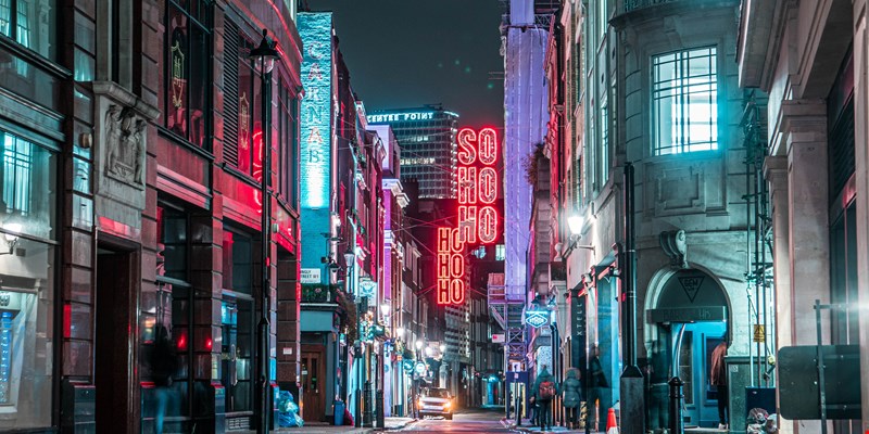 Empty streets of Soho in London, the United Kingdom