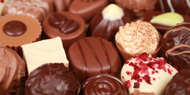 Assorted white, dark and milk chocolate pralines